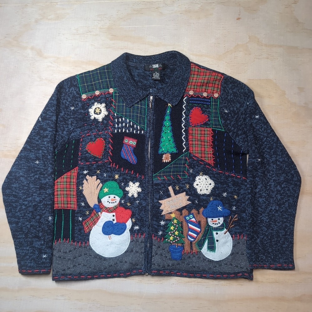 Vintage Segue Christmas Sweater Womens M Tree Snowman Embroidery Full Zip